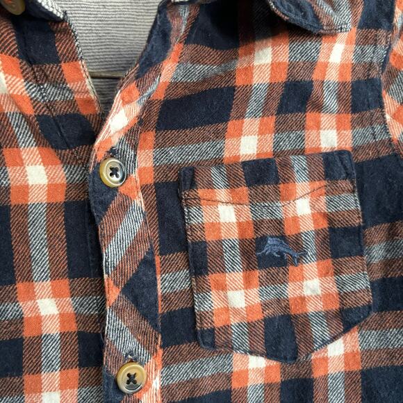 Tommy Bahama Boys 5T Flannel Collared Button Up Shirt Blue Orange Plaid - Picture 2 of 7